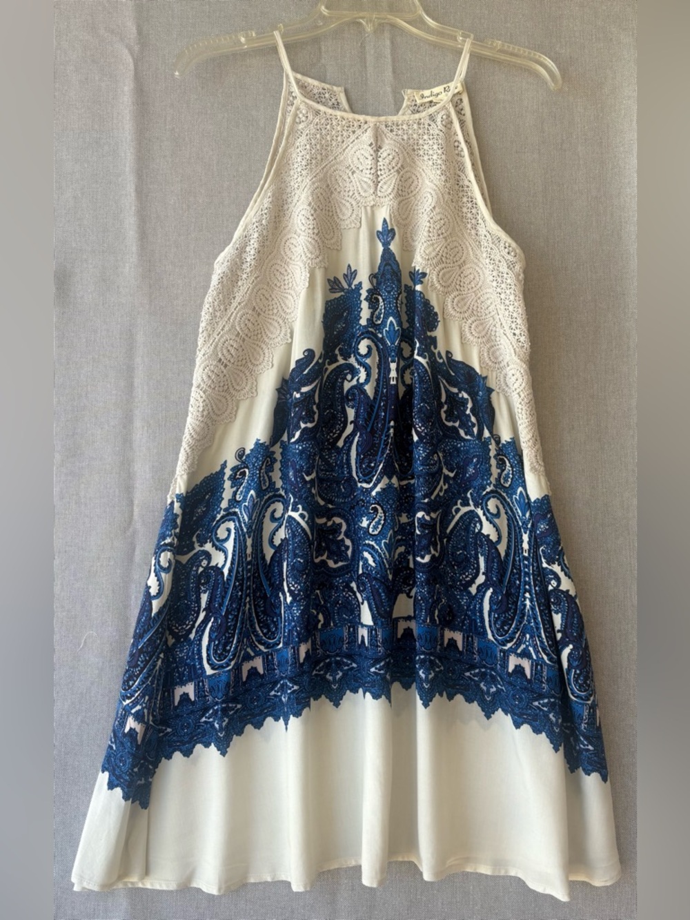 Boho hippie, vibe crochet Trim Mini Dress with blue indigo images